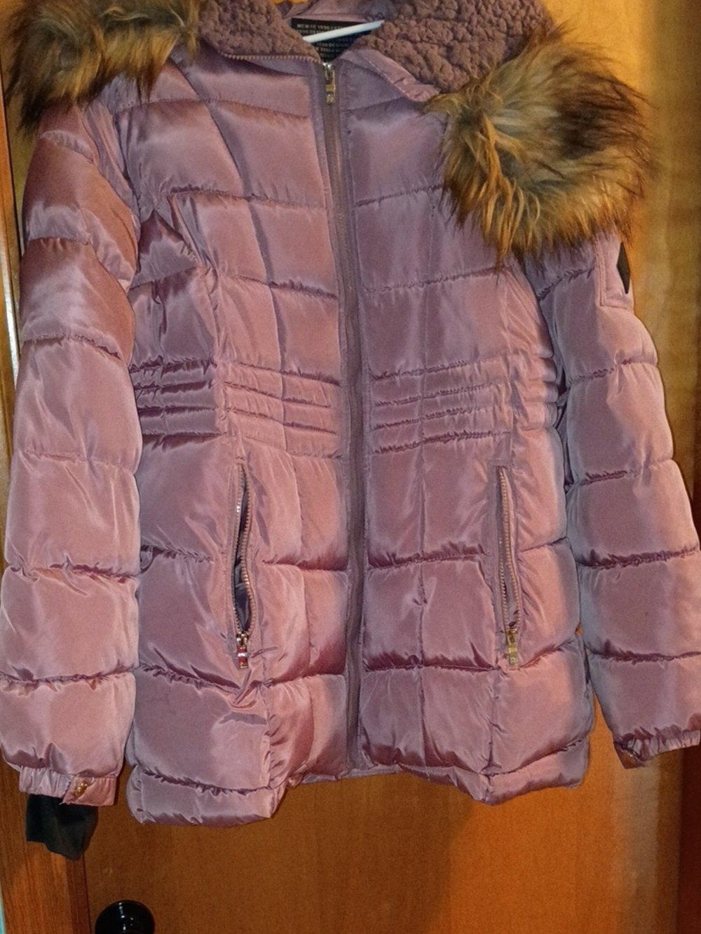 Steve Madden Dusty Rose Puffer Coat with Faux Fur Trim